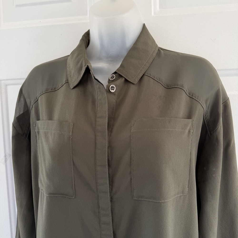 Gestuz Tunic Shirt Womens 34 US 2 Green Sheer Panel Button Utility Army Pockets - Picture 4 of 16